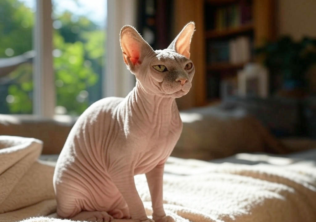 Сфинкс с бархатистой безволосой кожей розовато-серого оттенка 