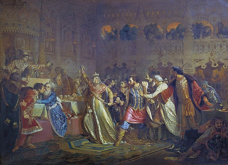 Великая княгиня Софья Витовтовна на свадьбе великого князя Василия Тёмного. Картина П. Чистякова. Во время бракосочетания своего сына Софья публично унизила его двоюродного брата Василия Косого, сорвав с него золотой пояс, якобы украденный ранее у Дмитрия Донского. Это стало поводом для многолетней, кровопролитной гражданской войны 