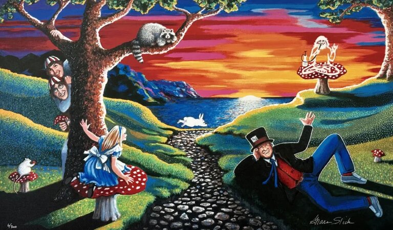 Грейс Слик "Белый Кролик в Стране Чудес". Шляпник - Тимоти Лири, Гусеница - Рам Дасс, Труляля и Траляля - Джон Леннон и Пол Маккартни, енот в роли Чеширского Кота и лабораторная крыса в роли Сони.