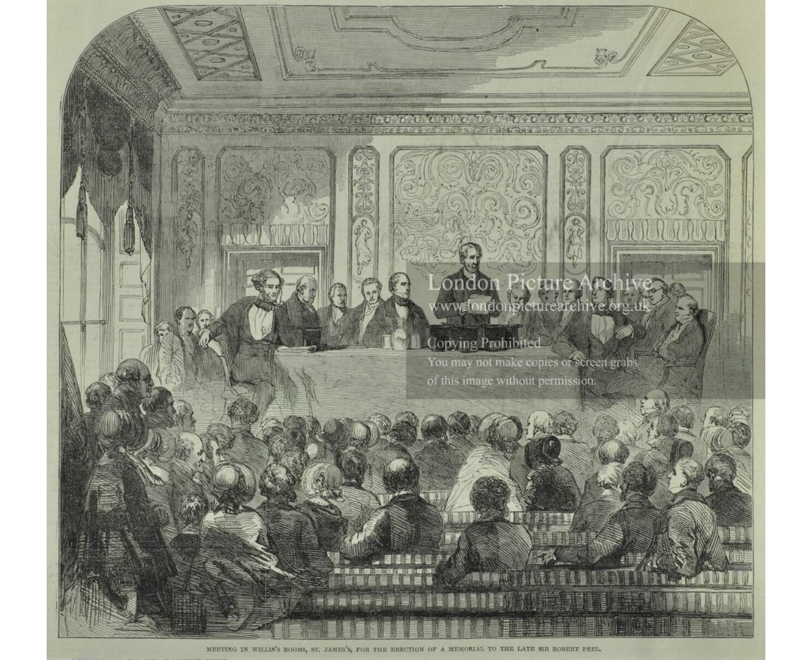 Собрание по поводу возведения монумента  Роберту Пилю в   комнатах Уиллис. 1850 год. Впоследствии здание  было значительно  переделано и просуществовало до 1939 года. 