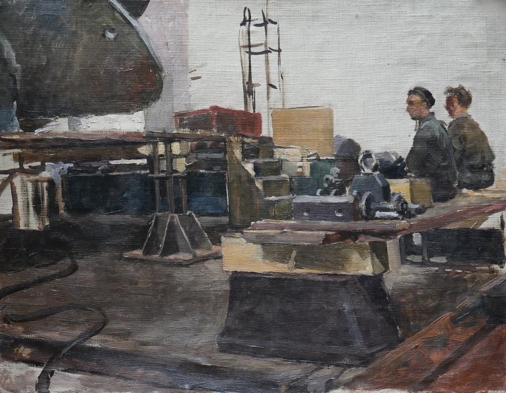 А.Пушнин эскиз к картине "Сборка турбины для Цимлянской ГЭС на заводе им. И.В.Сталина" х.,м. 1953 г. Собрание МВЦ "Петербургский художник" 