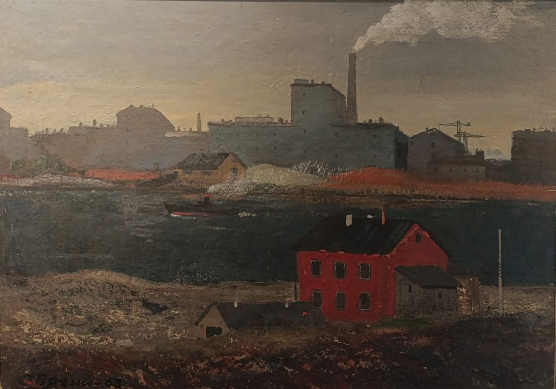 Михаил Звягин "Красный дом" картон, гуашь, темперв 1969г. Собрание семьи художника