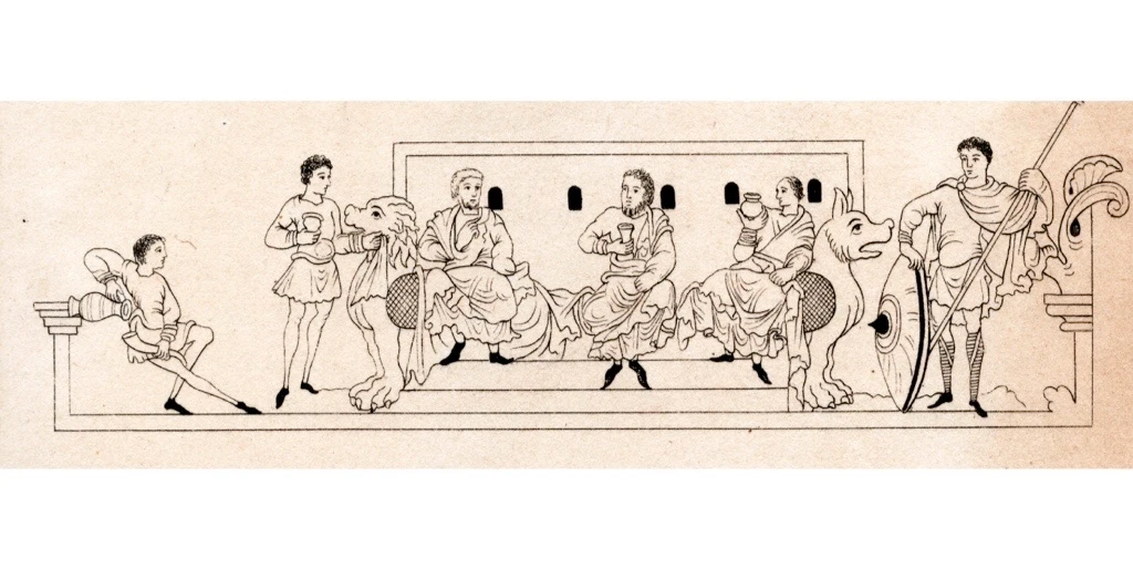 Копия манускрипта, изображающего людей, пьющих в честь языческой богини Эостры в апреле. Из "Времен года", c1050 (1843). 