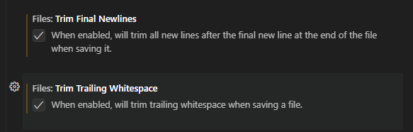 Установите галочки напротив:Files: Trim Final Newlines — это удаляет лишние пустые строки в конце файла. Files: Trim Trailing Whitespaces — это удаляет лишние пробелы в конце каждой строки.