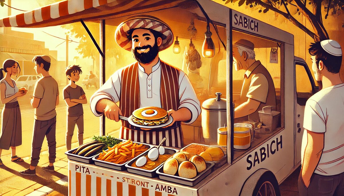 Продавец сабиха на улице Тель-Авива (сгенерировано DALL-E)