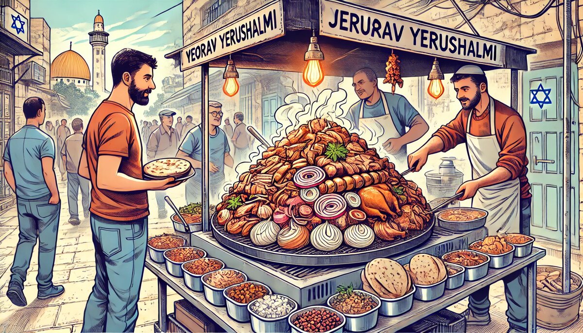 Уличный киоск с меорав йерушалми в Иерусалиме (сгенерировано DALL-E)