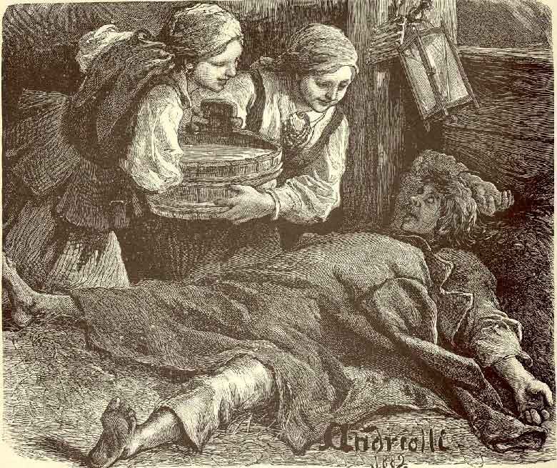 Обряд обливания водой проспавшего заутреню (М. Э. Андриолли. 1882)