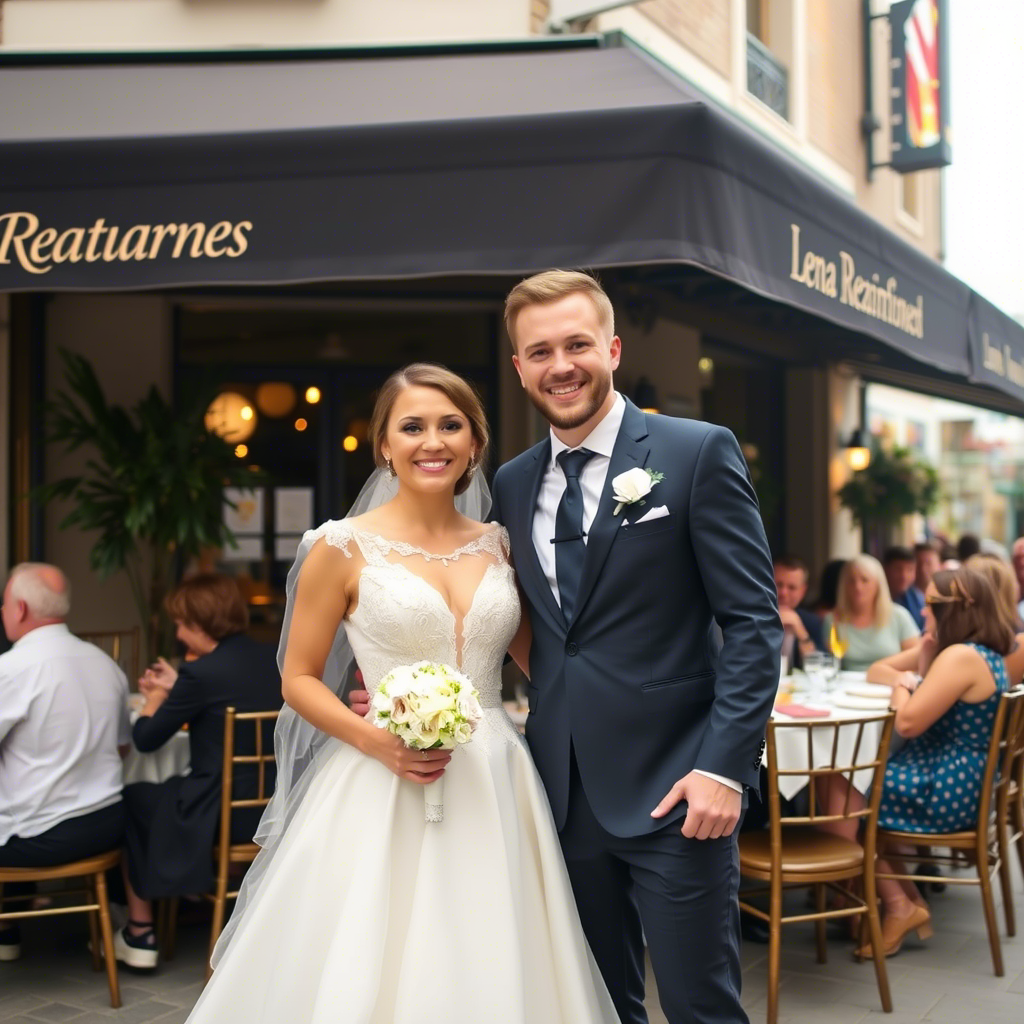 "Молодожены Дима и Лена на фоне ресторана, счастливые улыбки, гости за праздничным столом"