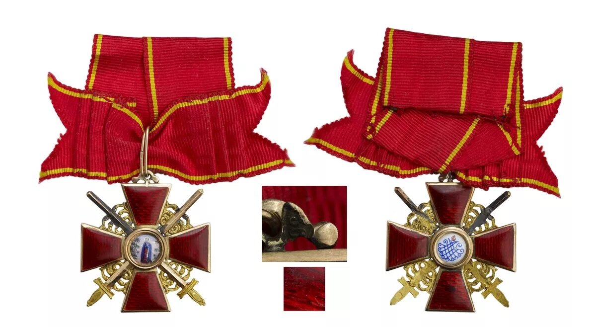 Знак Ордена Св. Анны 3-й степени с мечами (за военные заслуги). Фирма «Эдуард», Санкт-Петербург, 1908-1910 гг. Золото, эмаль. Вес 10,52 гр. Размер 40х36 мм. Клейма: пробирное «56» с женской головкой вправо на ушке, мастера именное «ВД» на верхнем луче под эмалью и фирмы «Эдуард» на нижнем луче под эмалью, а также знаки удостоверения женская головка вправо на рукоятках мечей и соединительном кольце. http://www.auction-imperia.ru/wdate.php?i=27122&t=offline