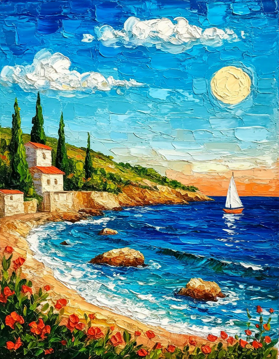 «Просто море» — нейросеть отвечает на мой запрос: морской пейзаж в стиле примитивизма