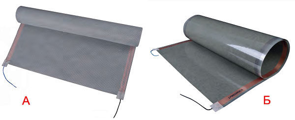 Виды карбоновых обогревателей, используемых на практике под оснащение стен или потолков: А - флисовый; Б – плёночный