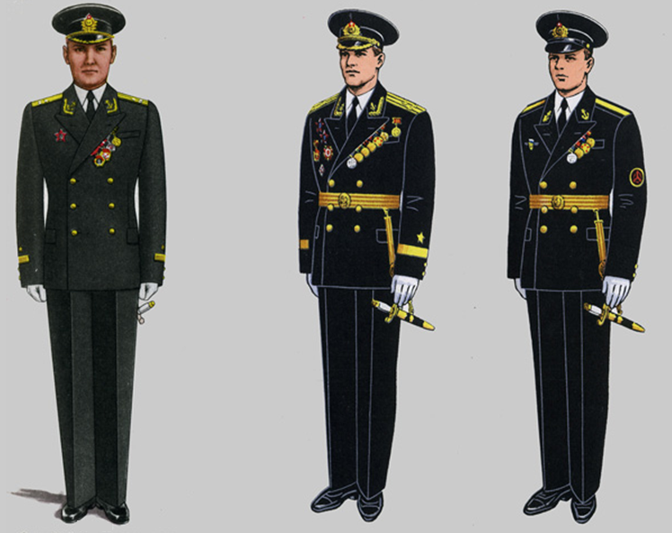 Летняя парадная форма № 3 офицеров ВМФ для строя (по Приказу 1959 г.), летняя парадная форма № 3 офицеров и старшин-сверхсрочников для строя (по Приказу 1969 г.). Изображение из открытых источников