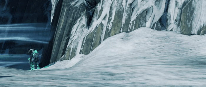 Gif картинка: " Смерть в ледяной завесе. Фрагмент из игры Darksiders 2 Deathinitive Edition"