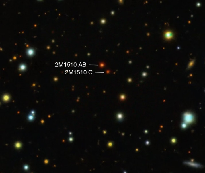 Снимок этой безумной системы. Шифрами отмечены два коричневых карлика, планету в таком масштабе не видно. Картинка из статьи Роберта Ли.