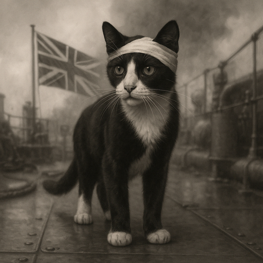 Корабельный кот Саймон на борту HMS Amethyst во время боевых действий в 1949 году