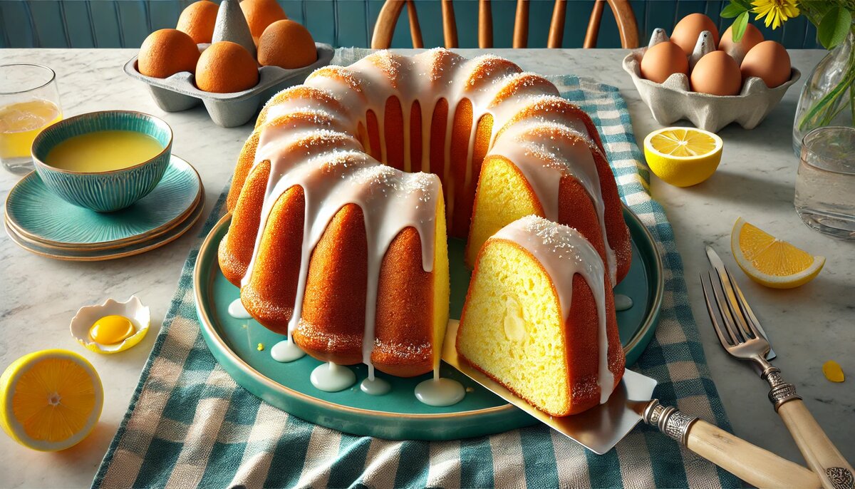 готовый лимонный кекс с глазурью на праздничном столе