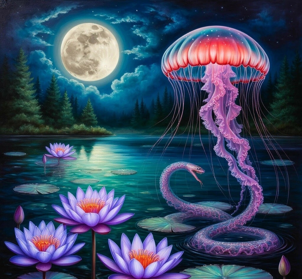 Медаг в озере с лотосами. 