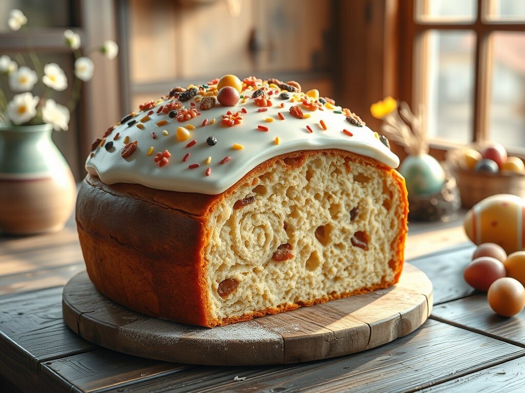  Пасхальный кулич на деревянном столе и мягкий льющийся свет из окна