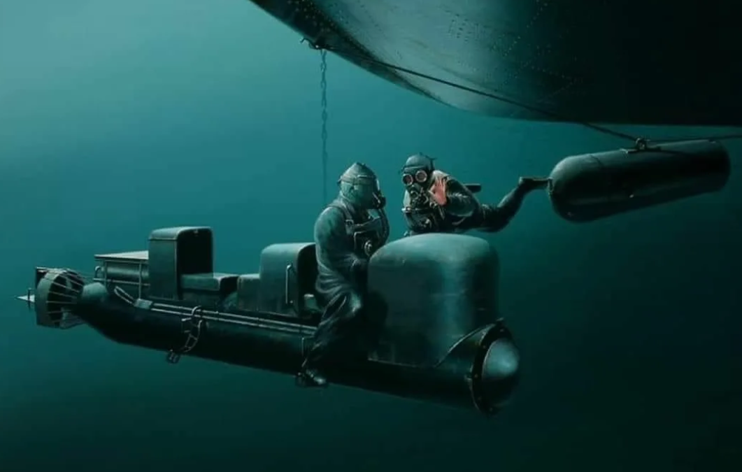 Подводные диверсанты Второй Мировой по версии художника. Картинка ВМС Италии