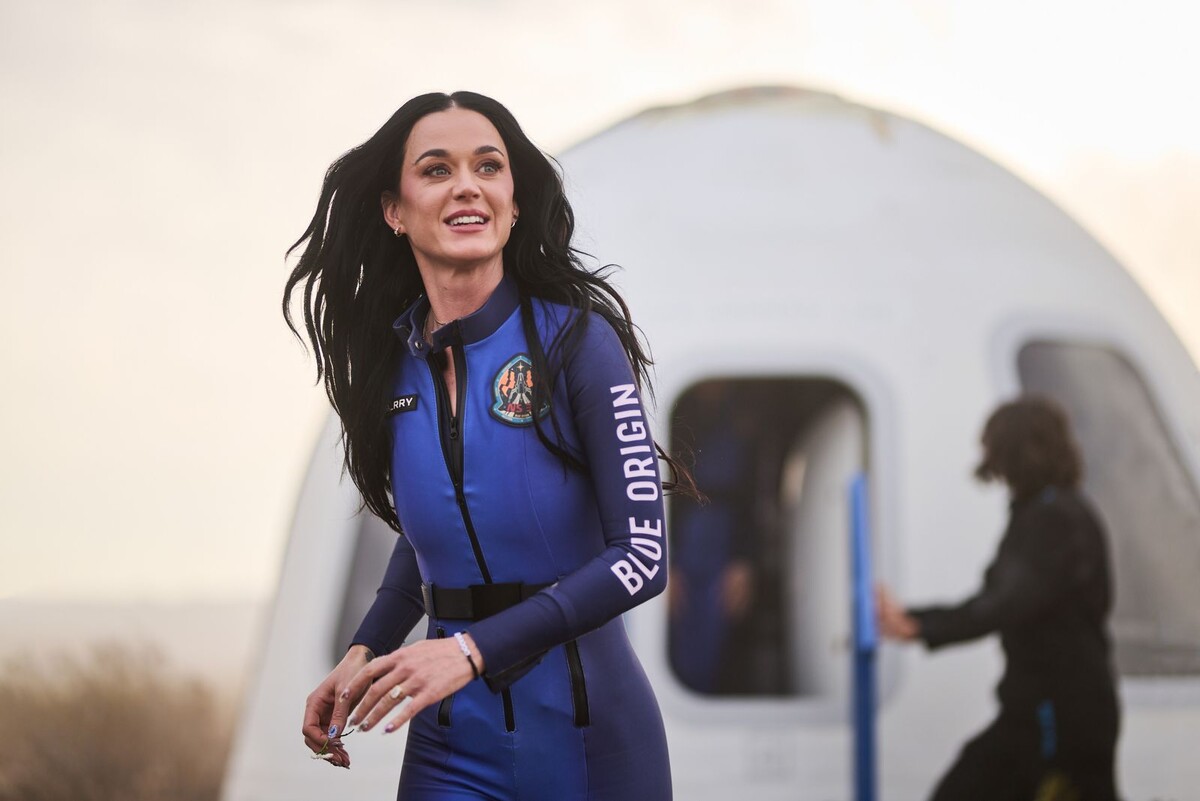 Katy Perry after landing back on Earth. Courtesy of Blue Origin