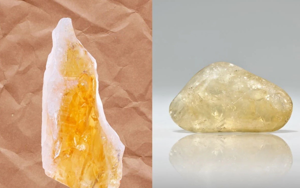 Настоящий природный цитрин справа на фото. Слева обработанный кварц.
