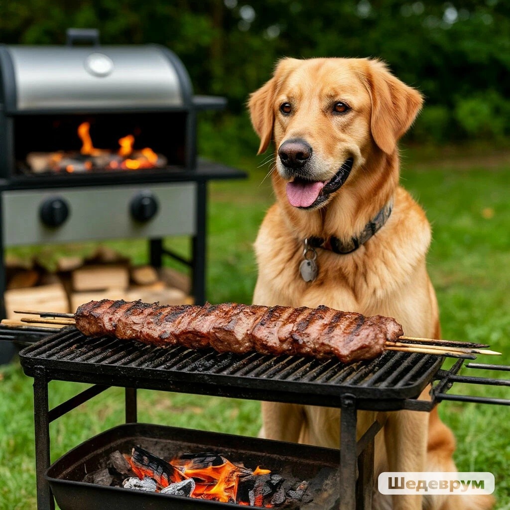Собака и шашлык. Фото сгенерировано нейросетью Шедеврум по запросу автора