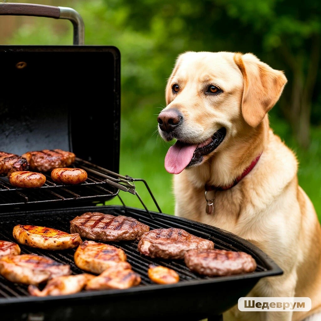 Собака и шашлык. Фото сгенерировано нейросетью Шедеврум по запросу автора. 