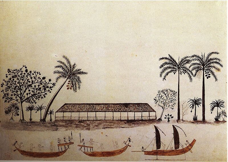 Таитянские каноэ, рисунок мореплавателя Тупаиа с Раиатеа (острова Общества)