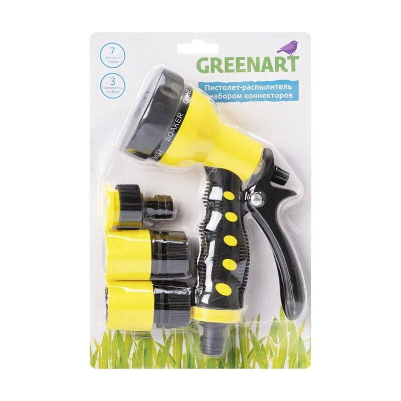 Пистолет-распылитель, Greenart, можно использовать для полива растений в саду и огороде. Предусмотрено 7 режимов полива: мягкое распыление, жесткая струя, плоская струя и другие. Режимы легко переключаются с помощью кольца на основании. В набор входят 3 коннектора: с помощью шланга 3/4" можно собрать поливочную линию и подключить её к крану или водопроводной трубе с внешней резьбой 1/2" – 3/4". Состав: АБС, полипропилен, сталь. В нашем ассортименте Вы также найдёте шланг 2,5 метра (ЛК: 5100064).