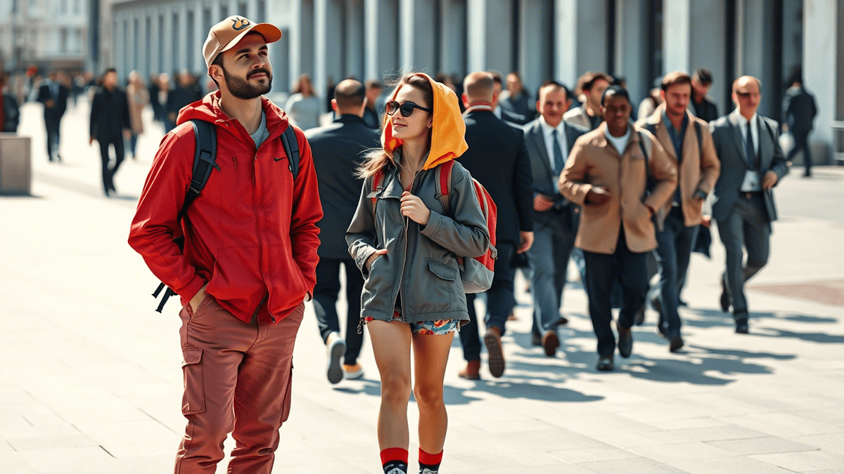    В мегаполисе приезжего туриста на сто процентов выдаёт его одежда и её цвет.