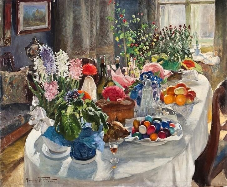 А.В. Маковский. Пасхальный стол. 1915-1916. На картине изображён пасхальный стол в Светлое воскресенье, но декор комнаты, расстановка цветущих растений, основная сервировка стола и пр., что мы видим, делались именно в Великую субботу.