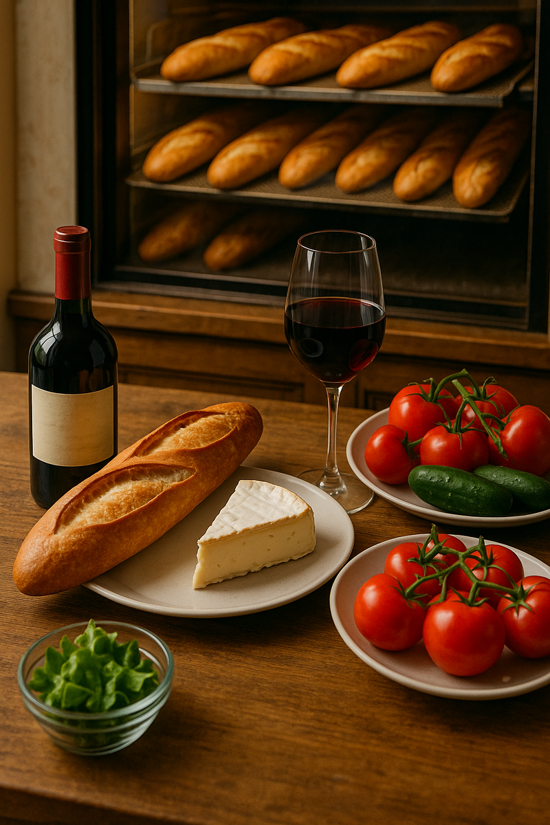 Фотография накрытого стола с багетом, сыром, вином и свежими овощами.