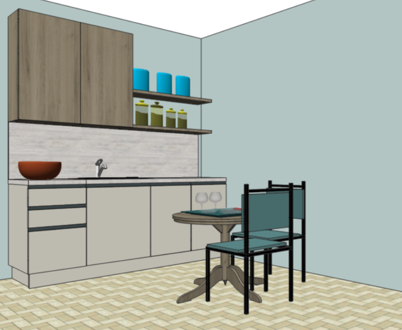 Нижние шкафы: 45 см под столовые приборы и прочую мелочь, мойка 60 см, тумба 90 см. Верх: шкаф для сушки 50 см, шкаф для продуктов 50 см и две полки длиной 1 метр.