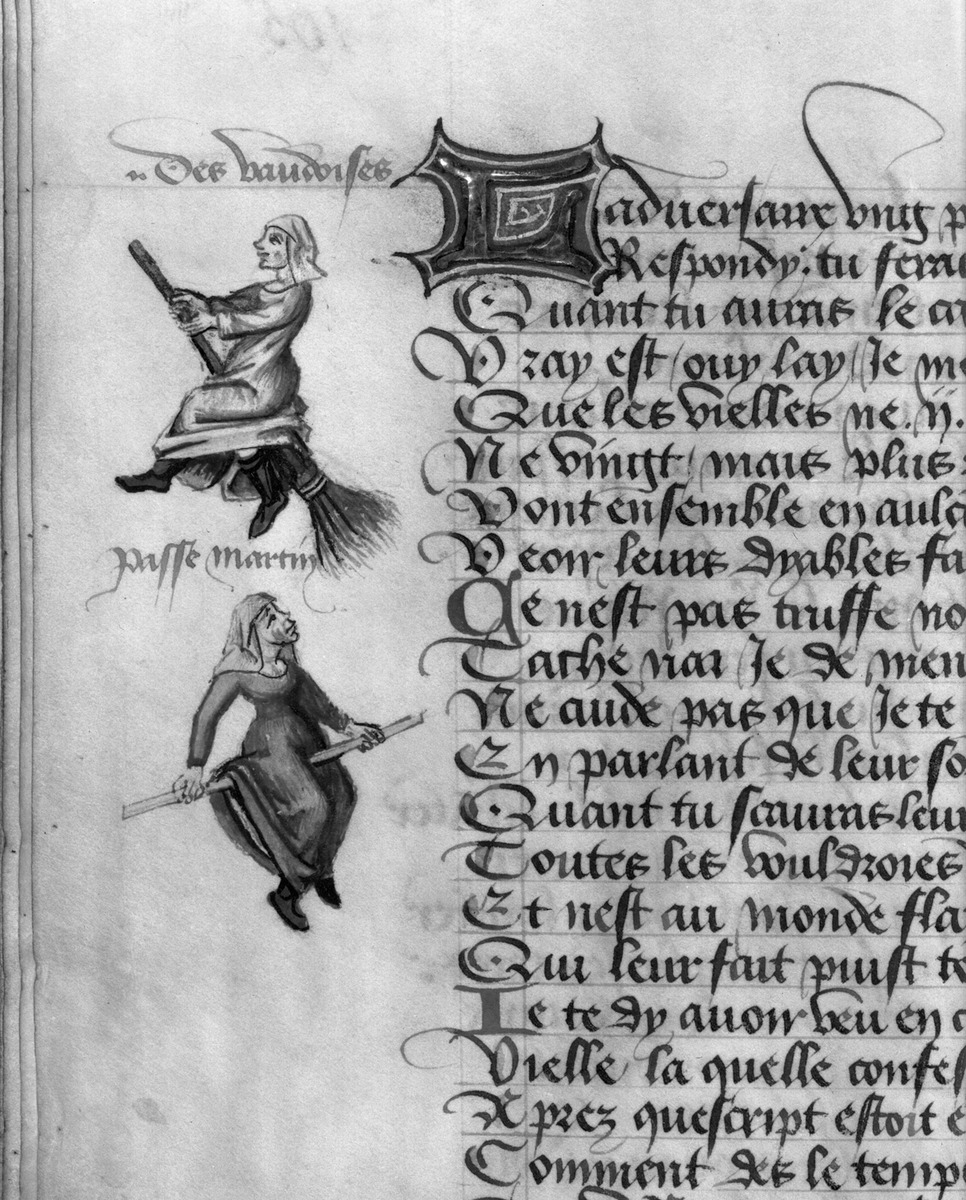 Две ведьмы, одна верхом на метле, а другая на палке, освещают поля поэмы пятнадцатого века « Le champion des dames » Мартина ле Франка. Изображения ведьм в средневековых публикациях помогли закрепить связь метлы и ведьмы в общественном воображении.