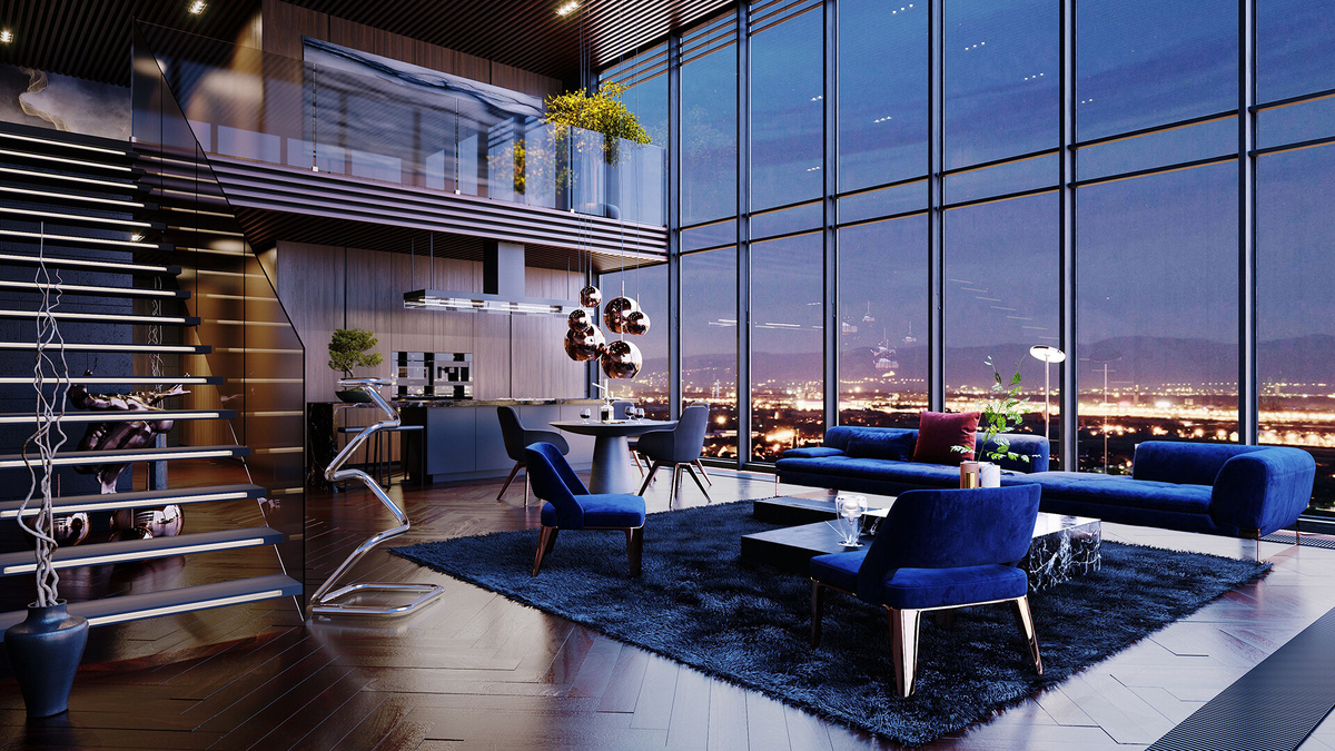     Интерьер в стиле лакшери – холл-гостиная комната в коричневых и синих оттенках: огромные панорамные окна в пол, удобная мягкая мебель с дорогой однотонной обивкой и футуристический потолочный светильник на длинном подвесе