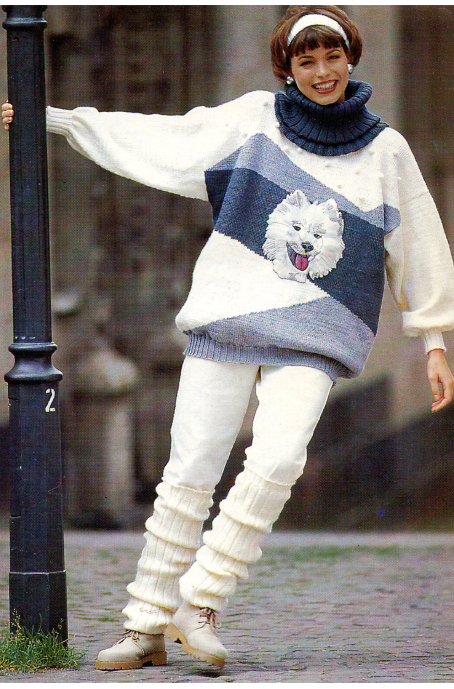 Джемпер с аппли­ка­цией, съем­ный ворот­ник «хомут», повязка на голову и гетры (Малень­кая Diana, 1995, № 1)