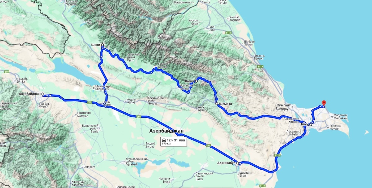 Карта маршрута по Азербайджану