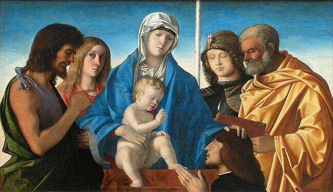 Богоматерь с младенцем в окружении святых, Лувр (картина Беллини, между 1490 и 1500 годами).  Викисклад