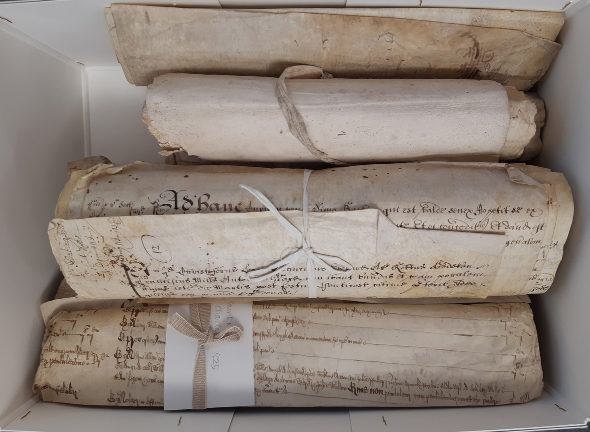 Средневековый фрагмент был обнаружен в 2019 году в этой коробке с судебными списками во время каталогизации записей поместий и имений, относящихся к Ваннекам из Хевенингема (Саффолк).