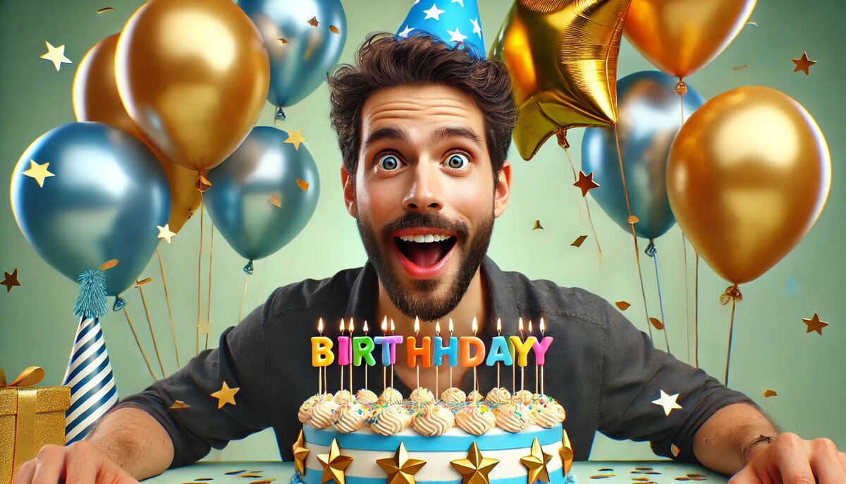 Восторженный мужчина в колпаке перед праздничным тортом со свечами "Birthday" - картинка с днем рождения однокласснику мужчине