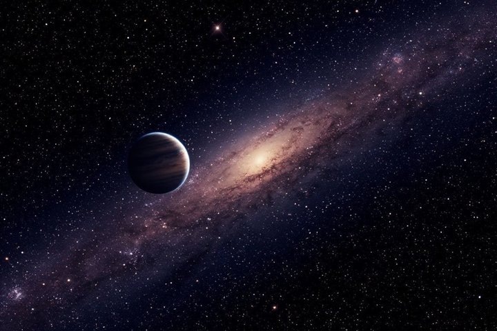 Планета К2-18b, вращающаяся вокруг красного карлика К2-18, находится в 124 световых годах от Земли. Это планета-гикеан — ее поверхность покрыта жидкой водой, а в атмосфере много водорода. Людмила Губаева/сгенерировано при помощи нейросети «Шедеврум»