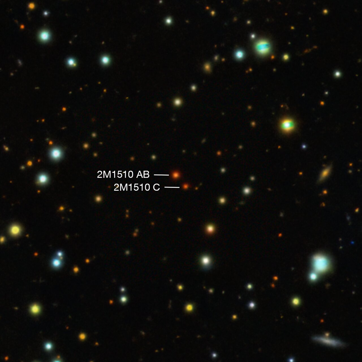 На изображении – система 2M1510 AB, пара коричневых карликов с экзопланетой на перпендикулярной орбите. Третий компонент, 2M1510 C, слишком удален, чтобы вызывать наблюдаемые возмущения. Credit: DESI Legacy Survey/D. Lang (Perimeter Institute)
