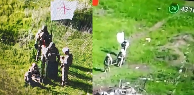    Военнослужащие ВС РФ (слева) и ВСУ (справа) выносят раненых под взаимным наблюдением, но без обстрелов.