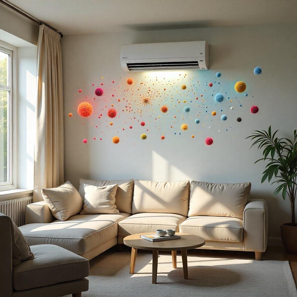  потоки воздуха с визуализацией микробов и спор плесени (разноцветные частицы и нити),