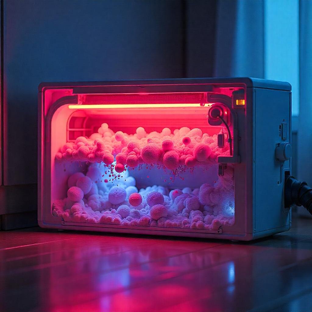 разрез бытового кондиционера, внутри — скопление влаги и колонии бактерий.