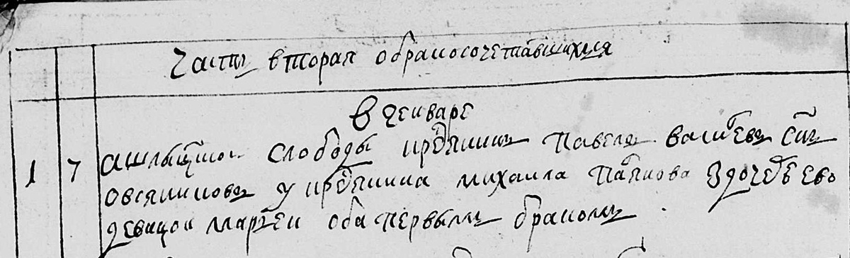 Фрагмент Метрической записи о браке Ашлыцкой Сретенской церкви. Тобольский архив  