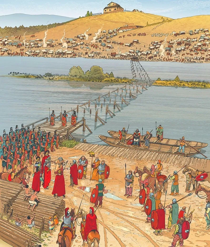 Легионы Цезаря строят мост в 58 году до н. э. Художник: Андре Уо (André Houot)