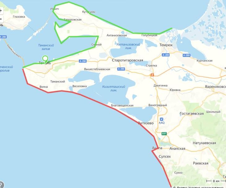    Фото: Яндекс.карты, открытые (зелёные) и закрытые (красные) купальные зоны побережья