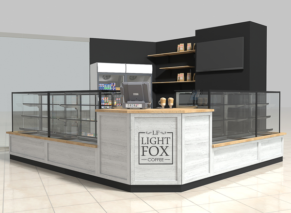 Листайте картинки вправо. Продемонстрирую наглядно, как можно масштабировать один фирменный стиль в разных локациях. В первом случае это угловой островок, во втором - пристенный линейный. Благодаря фирменным элементам, мы сразу видим схожесть точек и принадлежность к одному бренду. Хотя, на последнем примере нет логотипа, мы понимаем, что это всё та же компания. Дизайн-проекты выполнены компанией Додель, dodele.ru