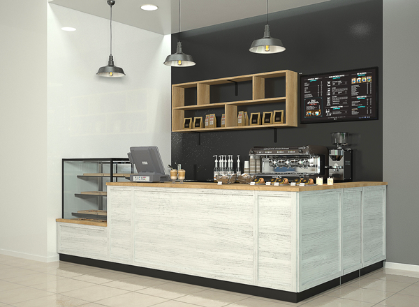 Листайте картинки. Продемонстрирую наглядно, как можно масштабировать один фирменный стиль в разных локациях. В первом случае это угловой островок, во втором - пристенный линейный. Благодаря фирменным элементам, мы сразу видим схожесть точек и принадлежность к одному бренду. Хотя, на последнем примере нет логотипа, мы понимаем, что это всё та же компания. Дизайн-проекты выполнены компанией Додель, dodele.ru